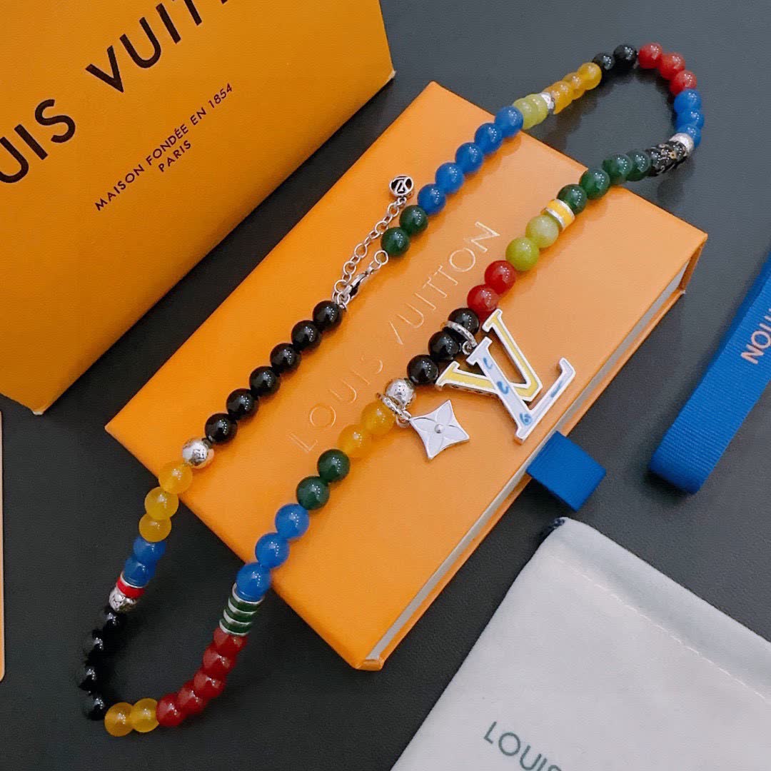 Louis Vuitton Beaded Necklace with Logo Pendant